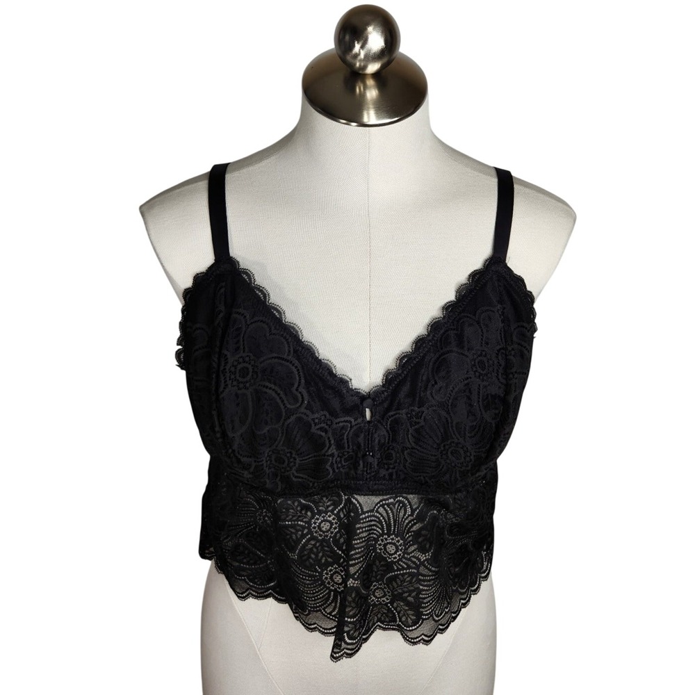 Aerie Festive Bralette Women XL Black Floral Lace Longline Adjustable Straps